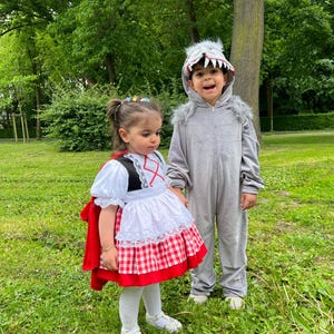 Toddler Little Red Riding Hood Inspired Red Dress,Baby Red Riding Costume,Baby Fairytale Dresses and Gray Wolf Costume,Halloween Kids Costume