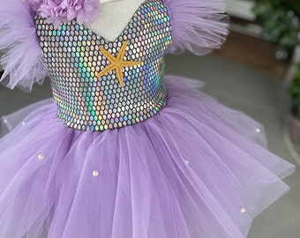 Costume lilas brillant de sirène d’enfant en bas âge, robe violette de sirène de bébé fille, tenue inspirée de sirène, robe de fille de 1er anniversaire, cadeau de fille d’anniversaire