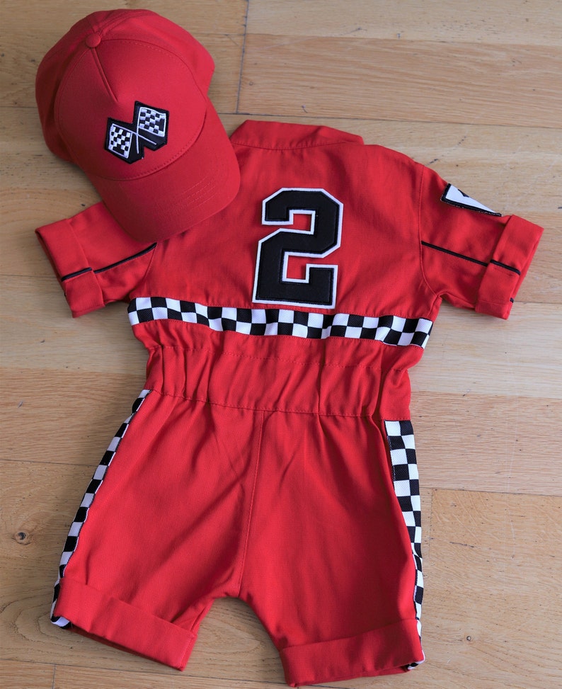 Personalized Red Racer Long/Short Jumpsuit Checkered Red Racer Kids Suit Racer Overalls CarCostume Toddler Short /Long Jumpsuit image 3