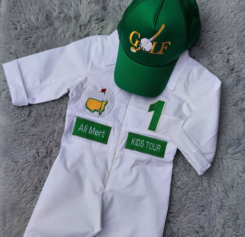 Personalized Golf Long-Short Caddy outfit for kidsToddler Golf White-Green SuitBaby Golf 1st Birthday UniformMachine Embroidered Costume image 5