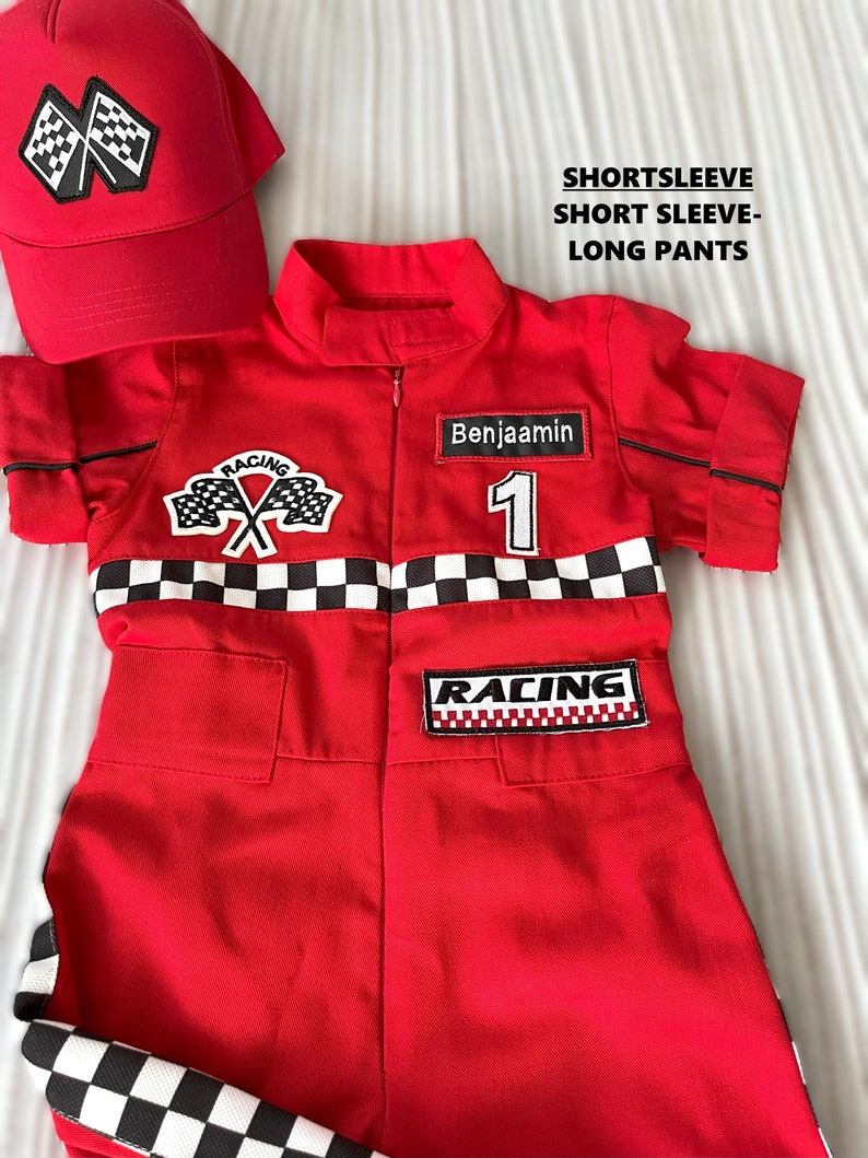 Personalized Red Racer Long/Short Jumpsuit Checkered Red Racer Kids Suit Racer Overalls CarCostume Toddler Short /Long Jumpsuit image 5