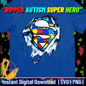 Ripped Autism Superhero SVG, camisetas de conscientização sobre autismo, peça de quebra-cabeça de autismo, clipart 3D