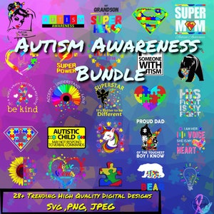 Pacote SVG do 28 Mês de Conscientização sobre o Autismo, Autism Mom Svg, Autism Grandma Svg, Autism Puzzle Piece Clip Art, Autism Super Hero Designs