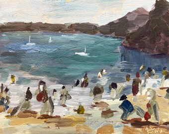 Original 8x10” acrylic painting on birch panel. Bathers of Eagles Mere, PA