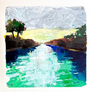 May include: Abstract painting of a river flowing through a landscape. The river is painted in shades of blue and green, with white highlights. The landscape is painted in shades of brown and green, with a hint of red in the distance.