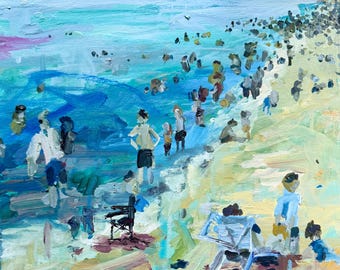 Original 12x12” acrylic painting on birch panel. Beach goers of Lewes Beach, DE 1