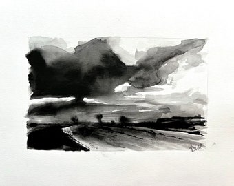 Winter road. Original 5x8” ink landscape painting