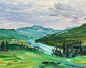 Original 6x12” oil painting on wood board. Cold river wound in knots