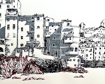 Vernazza, Cinque Terre. Original ink landscape drawing 18”x24”