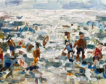 Original 9x12” acrylic painting on birch panel. Bathers in Wildwood, NJ