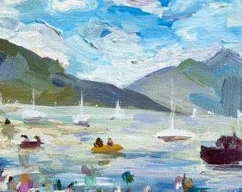Original 6x6” acrylic painting on birch panel wood. Beach on the lake with mountains.