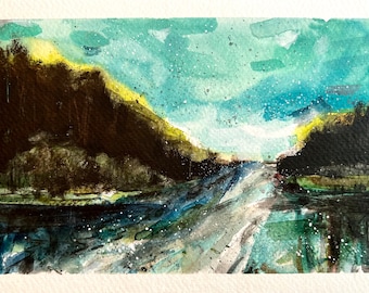 Original 6x9” mixed-media abstract landscape painting. Scare away the mocking birds