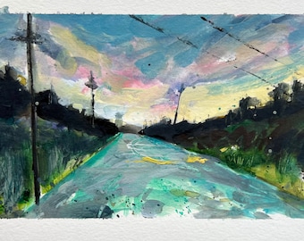 Original 5x8” mixed-media painting on paper. November on chimney smoke streets.