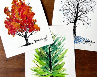 Set of 3 Original ink paintings. Three tree studies, each on 9"x12" paper
