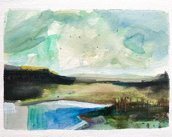 Original 6x8” mixed-media abstract landscape painting. Pool of dull yarn