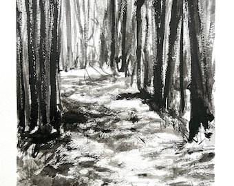 Original 12x12” ink landscape drawing on paper. Dappled trail at Hildacy.