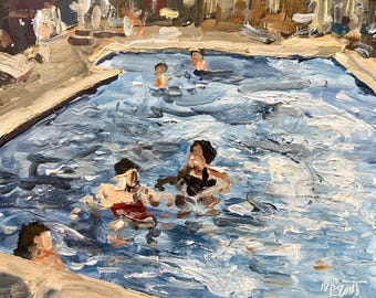 Original 8x10” acrylic painting on birch panel. Hotel pool bathers of Wildwood, NJ
