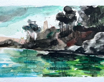 Original 5.5x8” mixed-media abstract landscape painting. The ledge of the lake