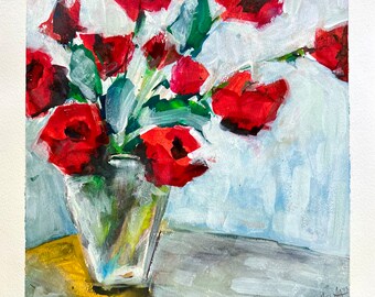 Original 12x12” ink and acrylic flower painting. Red flowers in sunlight