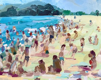 Original 12x12” acrylic painting on birch panel. Beach goers of Lewes Beach, DE 2