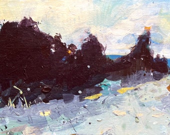 Original 6x12” acrylic painting on wood board. Dirty alley; beach path