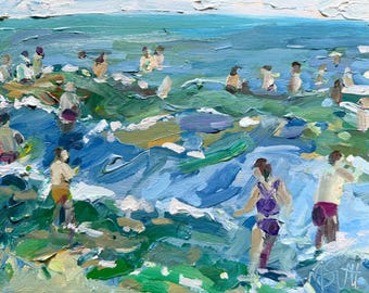 Original 8x10” acrylic painting on hardwood panel. Beach goers of Ocean City, NJ 3
