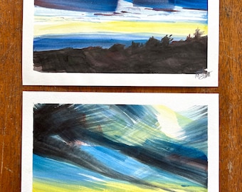 2 original 6x8” abstract watercolor landscape paintings. Sunsets from a moving car.