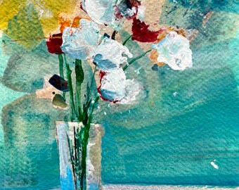 Original 6x9” acrylic painting on paper. Mostly white flower study 1.