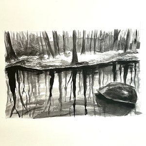 Ridley Creek before the freeze. Original 5x8” ink landscape painting
