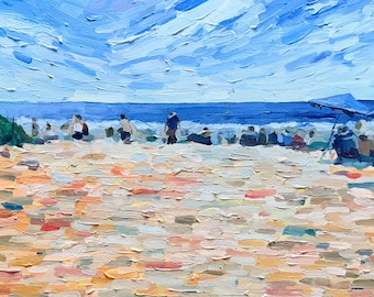 Original 10x20” acrylic painting on 1” cradled wood panel. Beach goers of Second Beach, RI 1