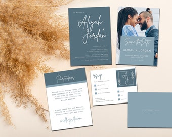 Dusty Blue Minimal Wedding Invitation Set, Save the Date, RSVP, Boho Invite