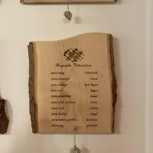 Könnte beinhalten: Ein rechteckiges, helles Holzschild mit natürlicher Baumkanten-Optik, das den Text Bayerische Wetterstation sowie eine Liste von Wetterbedingungen und den entsprechenden Steinzuständen zeigt. Ein kleiner grauer Stein hängt an einer Schnur.