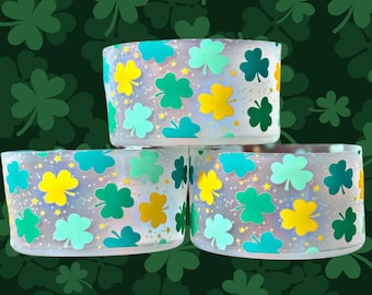 St Patricks Day Lucky Clover Boot Clear Transparent silicone boot. Cup Accessories. Green and Metallic Gold Clovers.