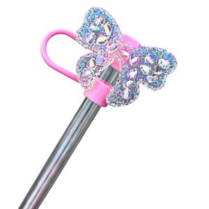 Pink Druzy Bow Straw Topper. Cup Accessories. Coquette Acrylic Glitter Bow.