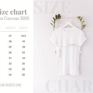 May include: Size chart for Bella Canvas 3001 t-shirts, showing measurements in inches for XS, S, M, L, XL, 2XL, 3XL, and 4XL sizes. The chart shows length and width measurements.