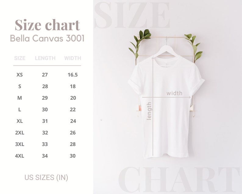 May include: Size chart for Bella Canvas 3001 t-shirts, showing measurements in inches for XS, S, M, L, XL, 2XL, 3XL, and 4XL sizes. The chart shows length and width measurements.