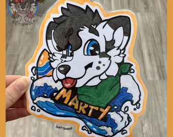 Traditional Furry Fursuit Badge Commission / Custom Fursona Character Pencil and Watercolour Wall Art