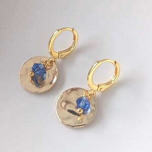 Hoop earrings with blue or red crystal beads and round charm: nice gift for women, girls and friends