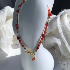 Red Crystal Glass Bead Bracelet, Cultured Pearls, Seed Beads and Gold Plated Red Heart Charm for Women Girls Friends
