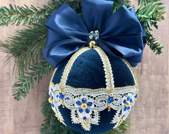 Handmade Blue gold and White  Christmas ornament, velvet Christmas tree bubble, Rhinestones ball, Christmas gift, Velvet  Christmas ornament