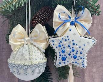 Set of 2 Handmade vanilla white  Christmas ornaments, Dusty rose velvet Christmas tree bubble, Velvet  Christmas ornament
