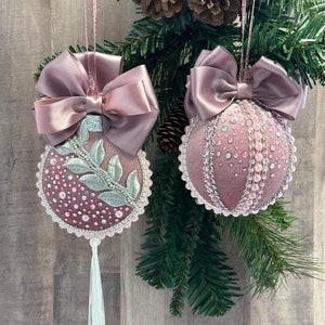 Set of 2 Handmade Rose-gold and silver Christmas ornaments, Dusty rose velvet Christmas tree bubble, Velvet  Christmas ornament