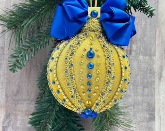Handmade Blue and Yellow Christmas ornament, velvet christmas tree bubble, Rhinestones ball, Christmas gift, Velvet  Christmas ornament