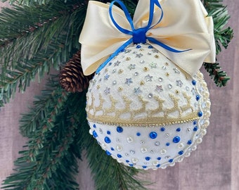 Handmade white and gold  Christmas ornament, Red velvet Christmas tree bubble, Rhinestones ball, Velvet  Christmas ornament
