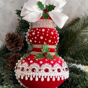 Handmade Red and white Christmas topper, Red velvet christmas tree topper, Rhinestones ball, Christmas gift, Velvet  Christmas topper