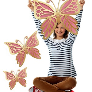 Gold and pink Pack of 3 giant large paper butterfly prop, Pack of 3 different sizes butterflies for your party prop for a butterfly theme