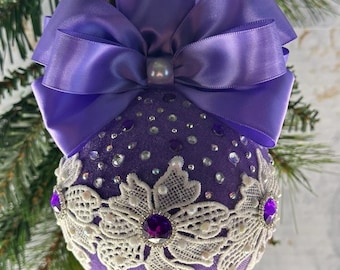 Handmade purple  Christmas ornament, velvet Christmas tree bubble, Rhinestones ball, Velvet  Christmas ornament