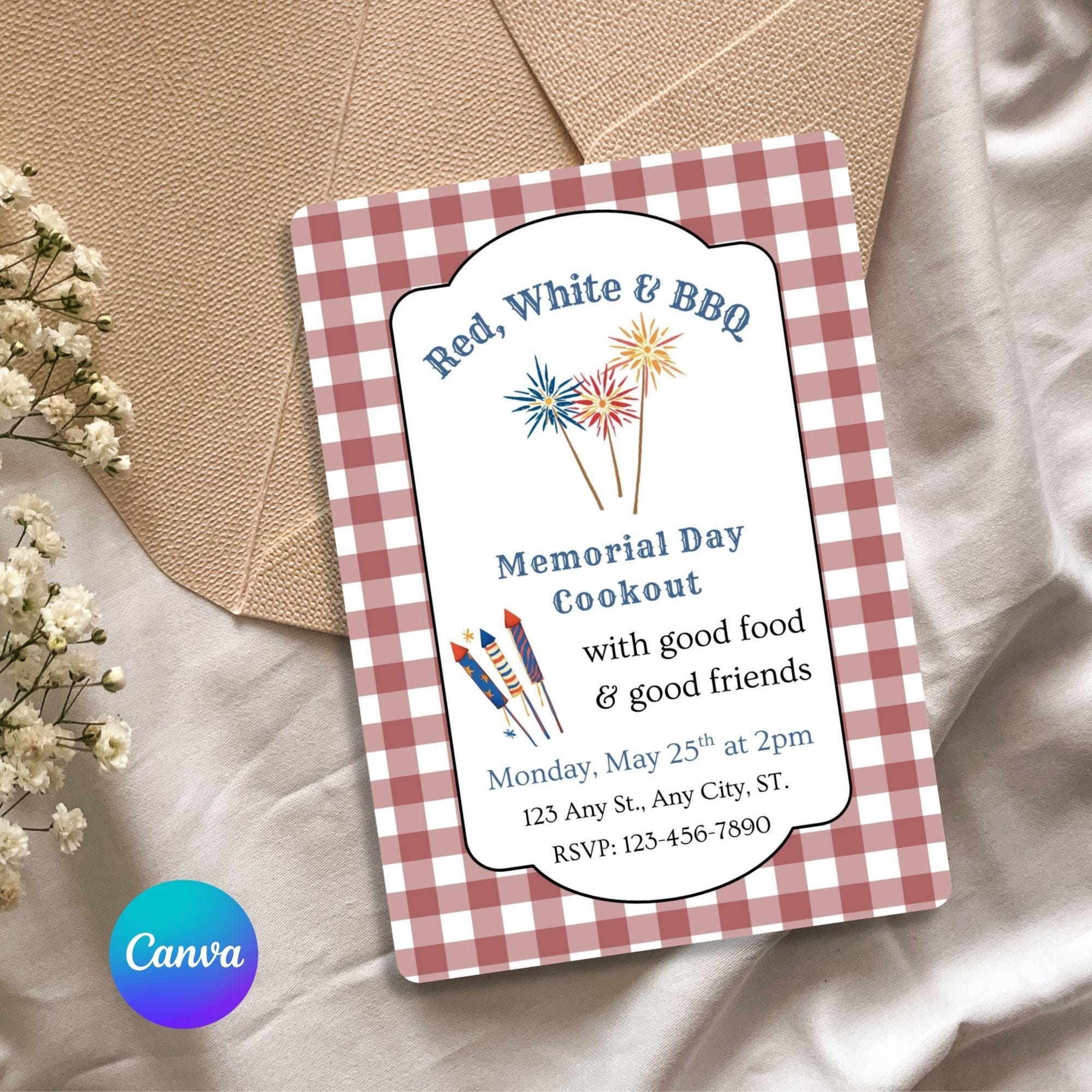 Memorial Day Cookout Invitation | Gingham Red, White & BBQ Party Invite ...