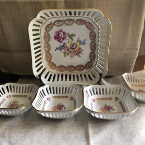 Martinroda- Friedrich Ege and Co Lattice, floral and gold trim nut/candy bowl set