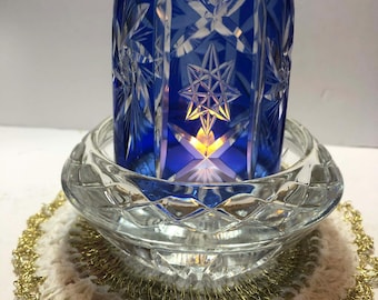 Vintage Bohemian Cut to Clear Cobalt glass 2 pc Unique Fairy Lamp